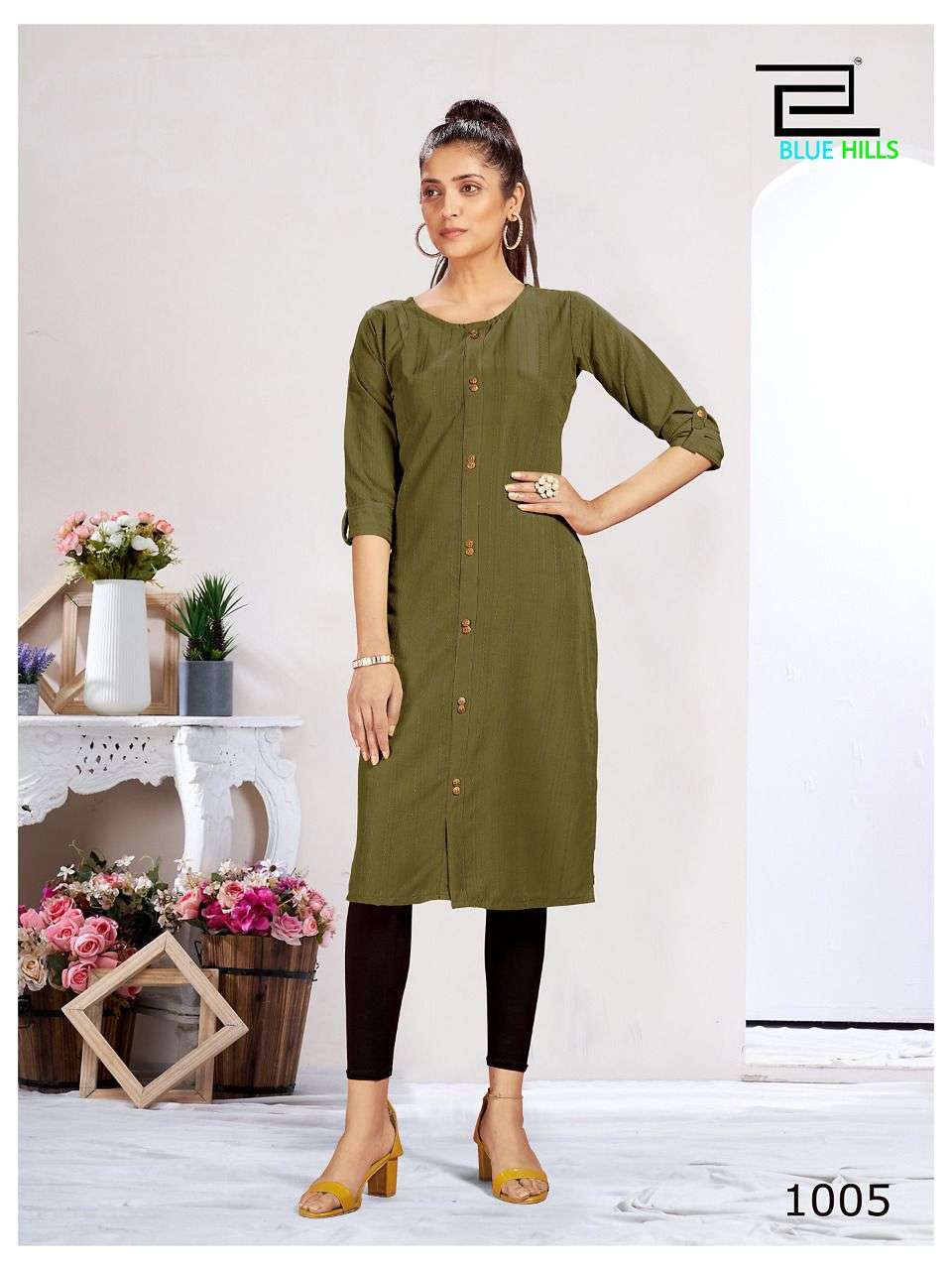 BLUE HILLS - VINTAGE - DOBBY PATTERN FABRIC SIDE CUT KURTI WITH BUTTON - 1005